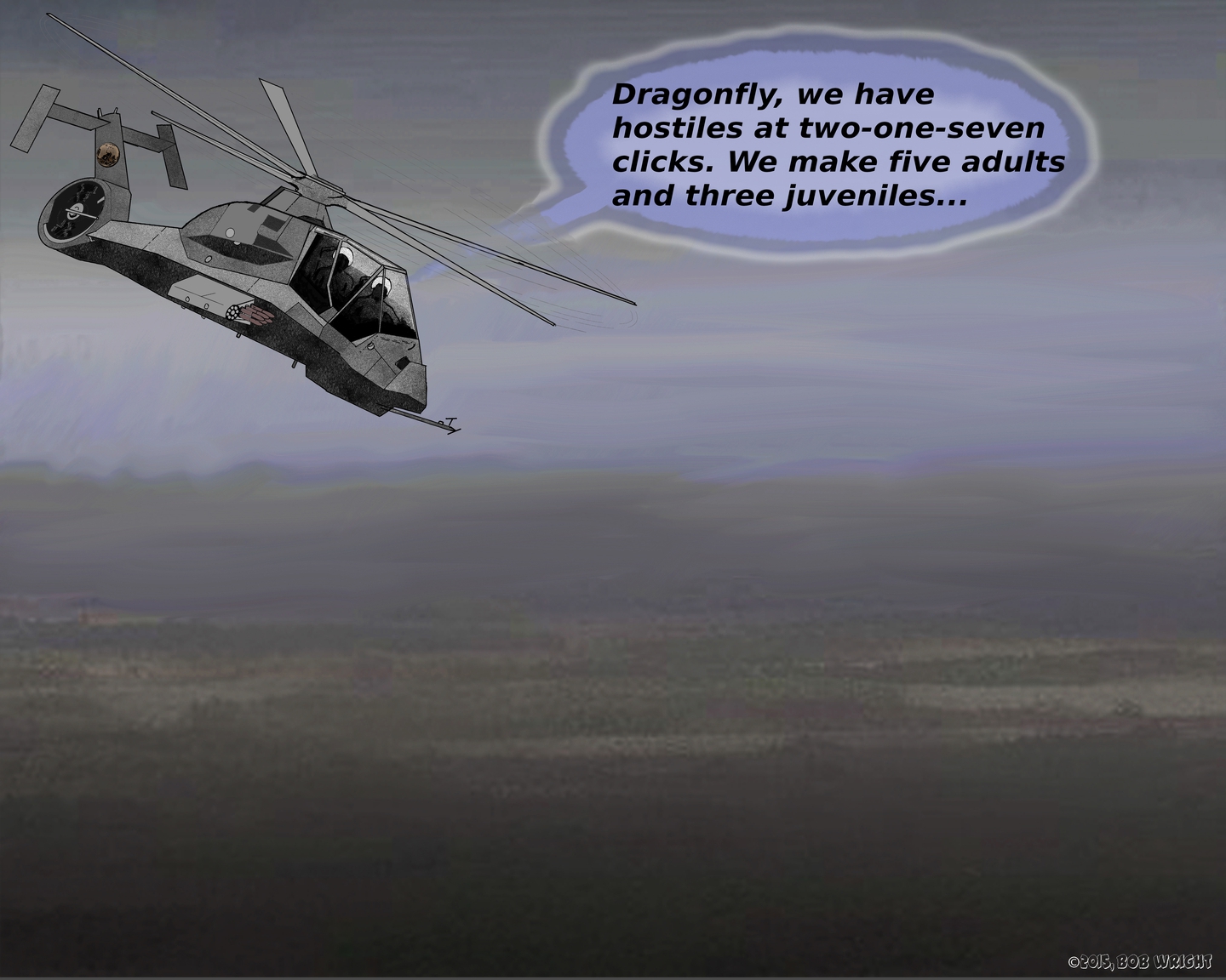 Hornet over hazy terrain with radio text, "Dragonfly, we have hostiles at two-one-seven clicks. We make five adults and three juveniles..."